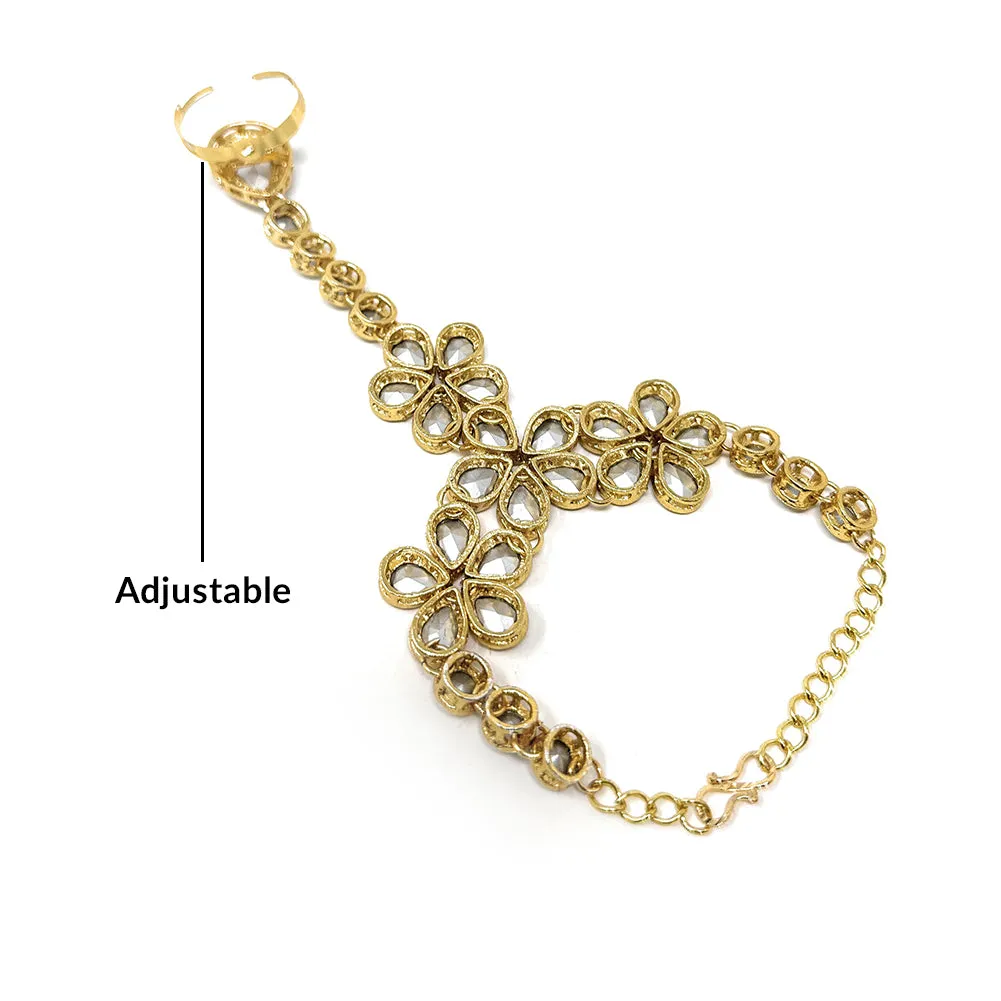Traditional Indian Ethnic Womens Bridal Wedding Party Gold Plated Hand Piece Ornament Haath Phool Bracelet Set Attached with One Adjustable Ring in White Kundan Stone - Duel On Jewel