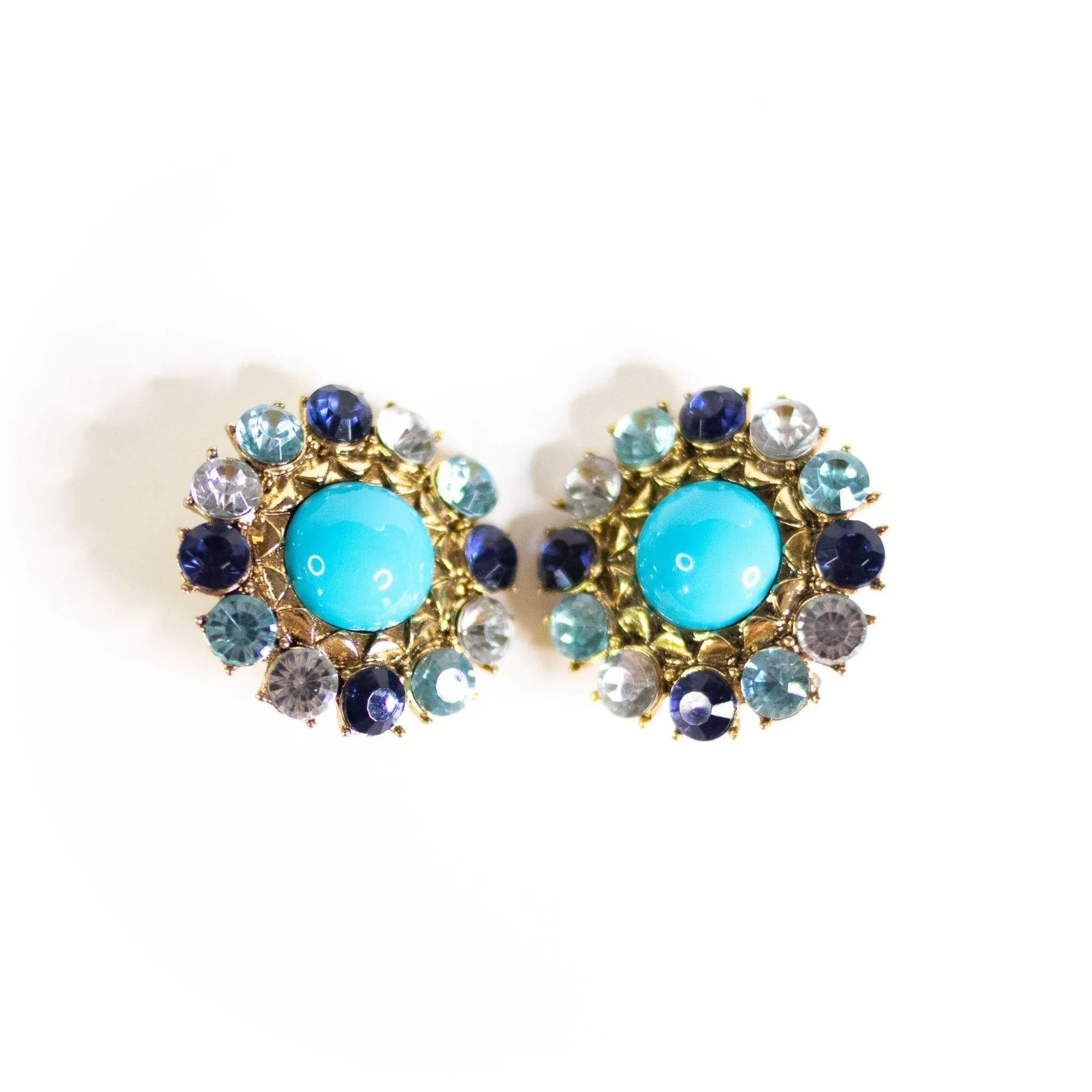 Turquoise Cabochon and Blue Rhinestone Statement Earrings