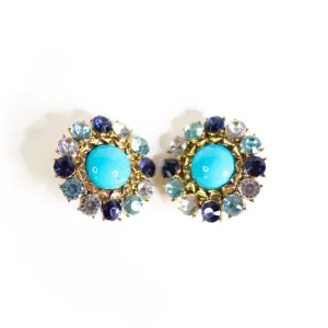 Turquoise Cabochon and Blue Rhinestone Statement Earrings