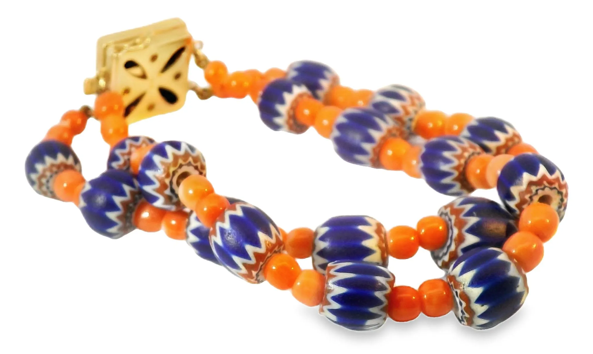 Unique 14K Yellow Gold Designer Red Undyed Coral 2-Strand Lapis Lazuli Bracelet