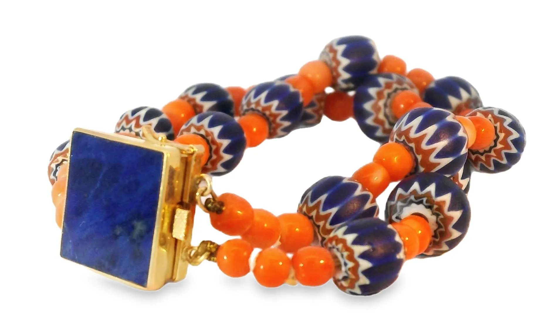 Unique 14K Yellow Gold Designer Red Undyed Coral 2-Strand Lapis Lazuli Bracelet