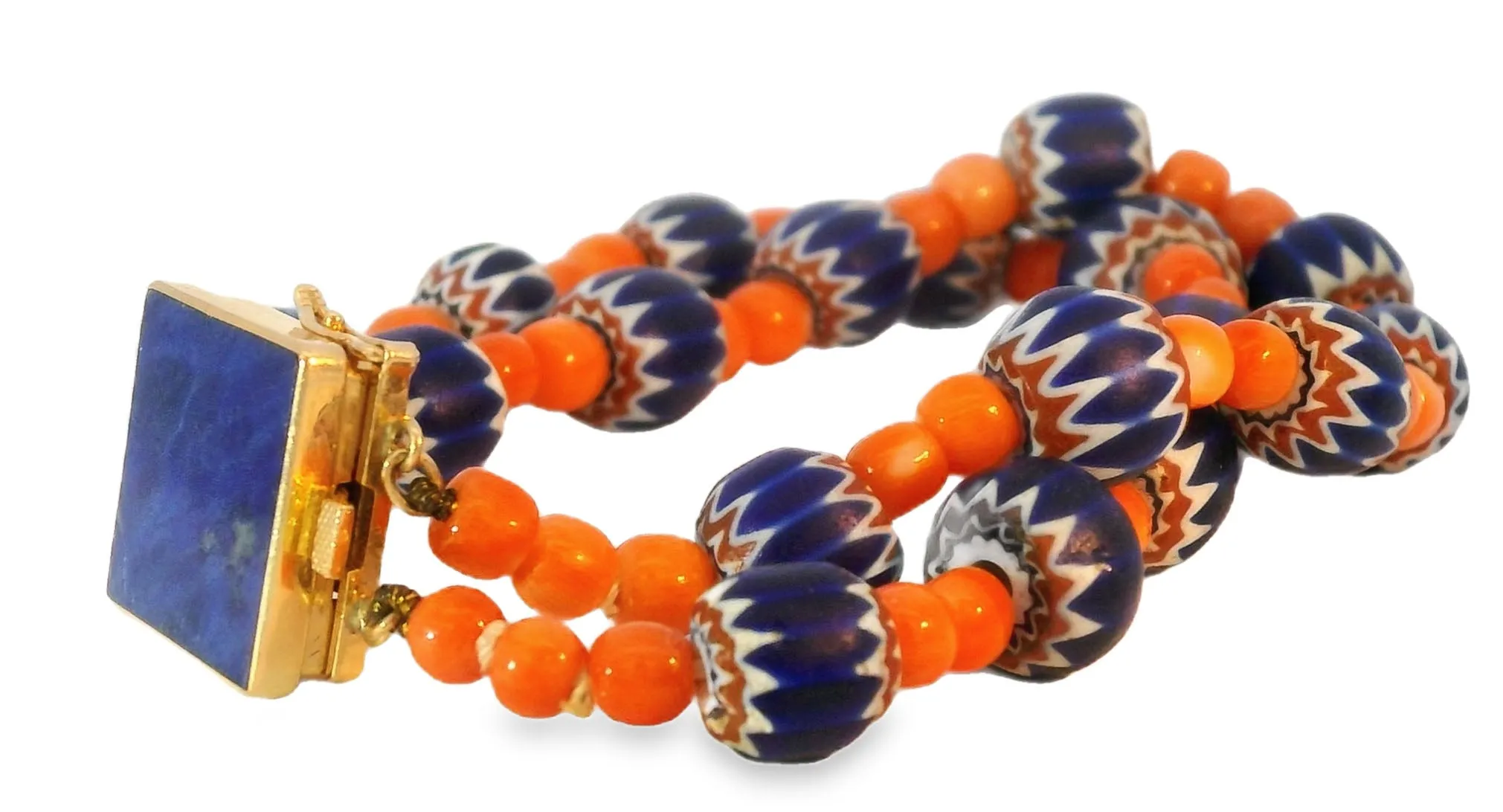 Unique 14K Yellow Gold Designer Red Undyed Coral 2-Strand Lapis Lazuli Bracelet
