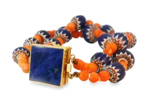 Unique 14K Yellow Gold Designer Red Undyed Coral 2-Strand Lapis Lazuli Bracelet