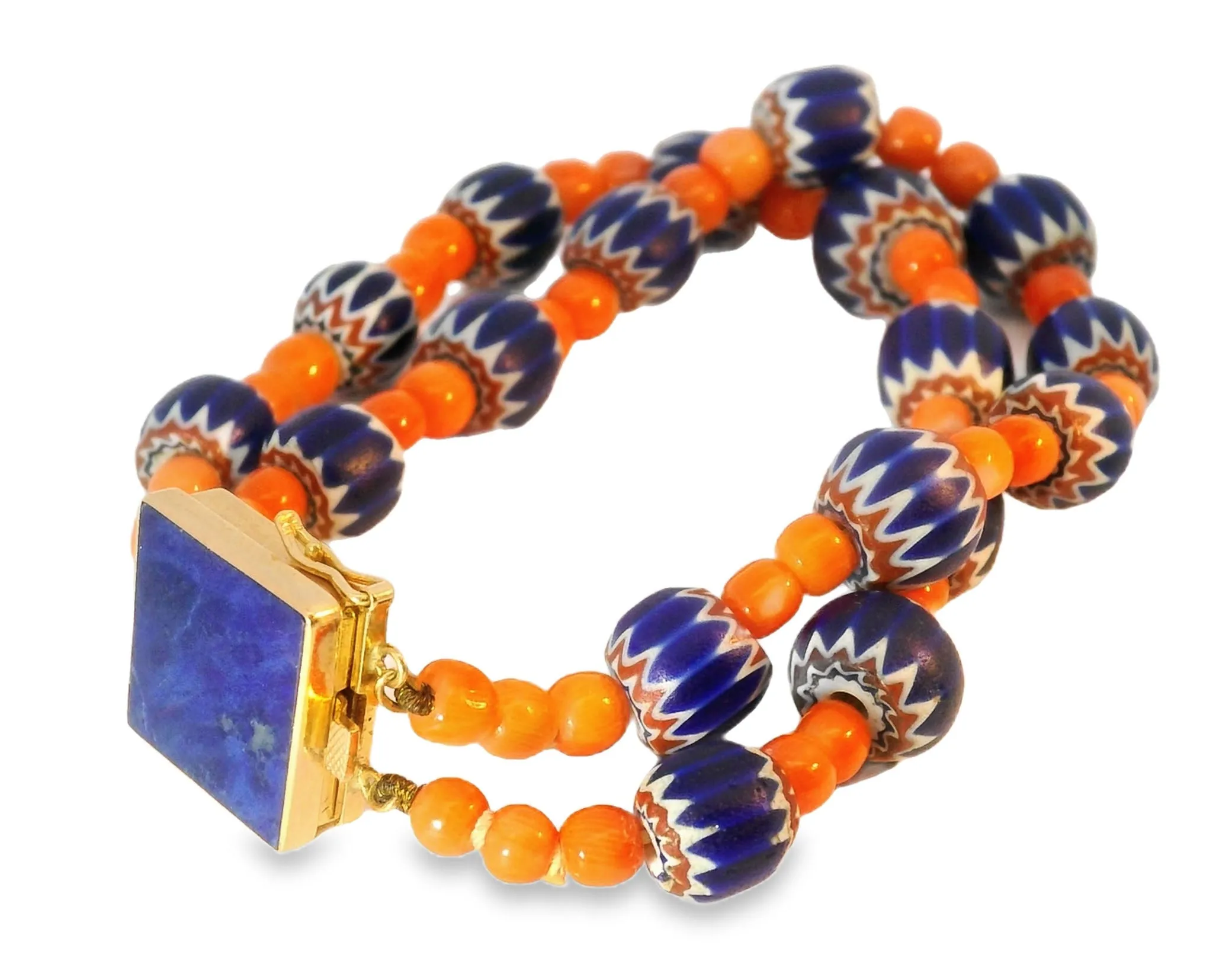 Unique 14K Yellow Gold Designer Red Undyed Coral 2-Strand Lapis Lazuli Bracelet