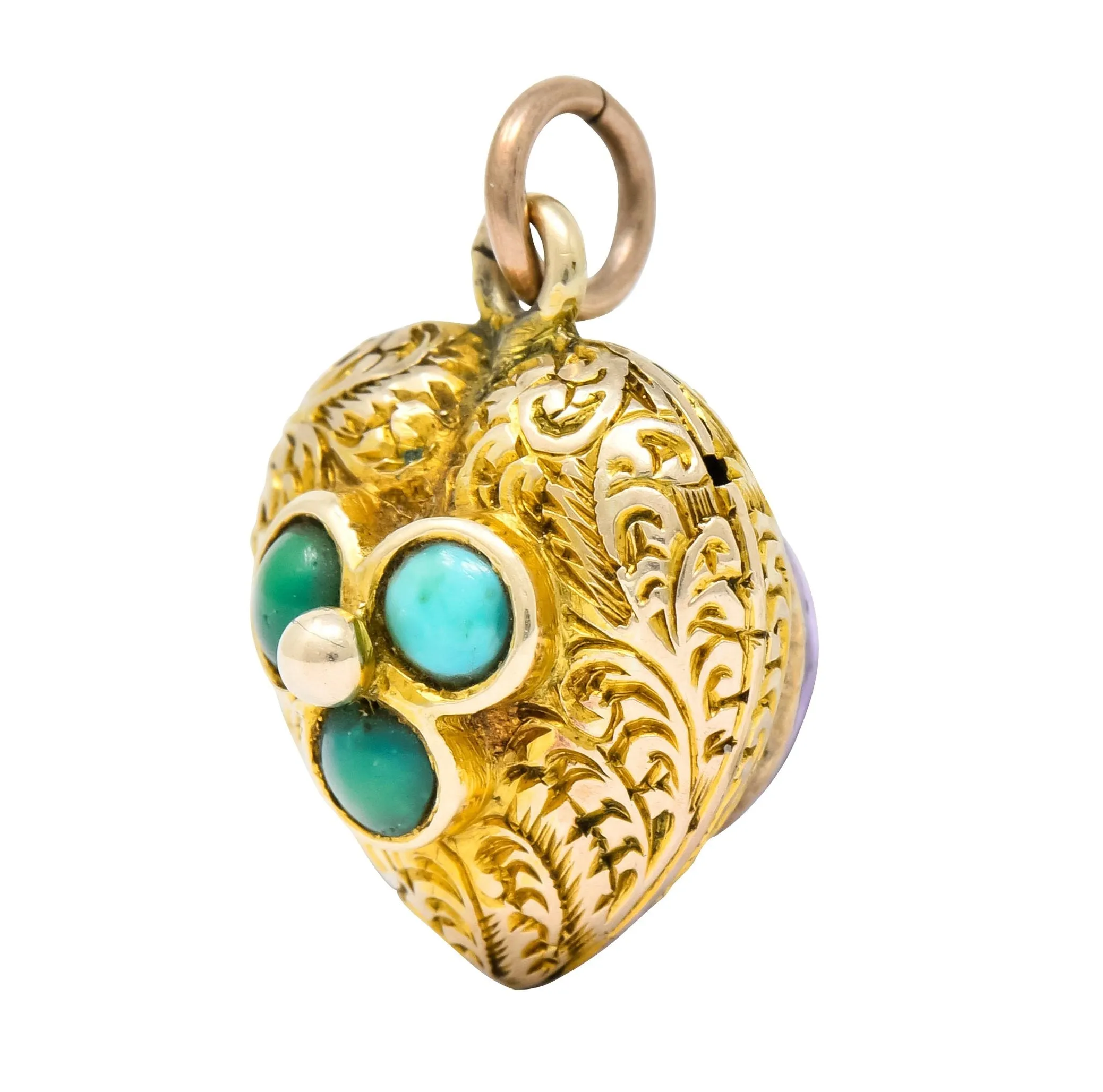 Victorian Turquoise 10 Karat Yellow Gold Engraved Heart Charm