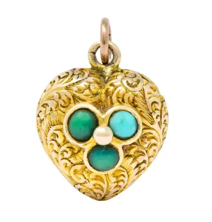 Victorian Turquoise 10 Karat Yellow Gold Engraved Heart Charm
