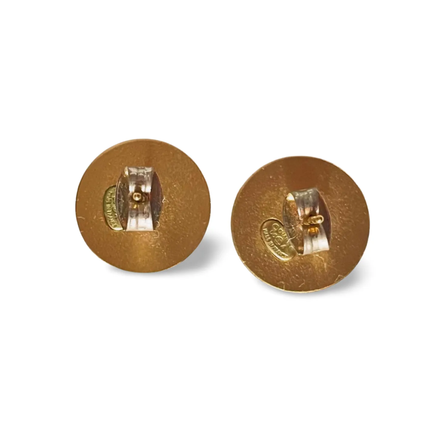 Vintage CHANEL golden round stud earrings with red rhinestone crystal CC marks. Pierced earrings. 060728br11