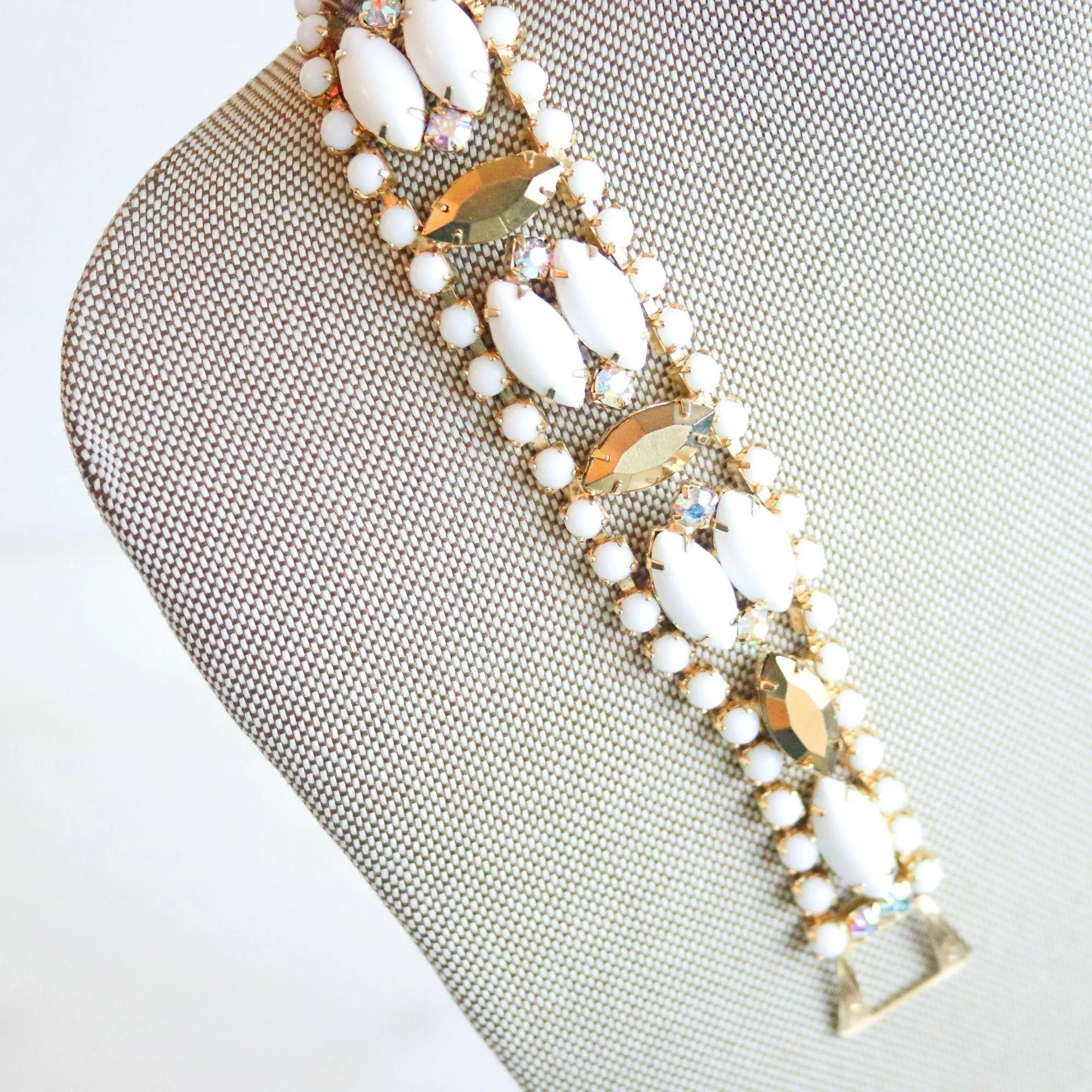 Vintage Milk Glass and Gold Marquise Rhinestone Bracelet