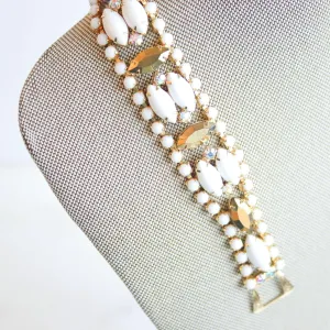 Vintage Milk Glass and Gold Marquise Rhinestone Bracelet