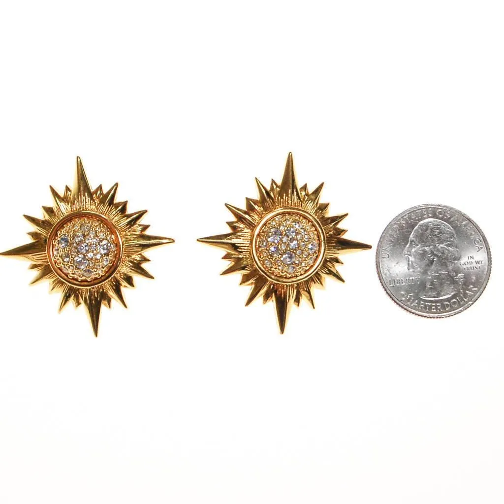Vintage Swarovski Gold Rhinestone Star Statement Clip Earrings