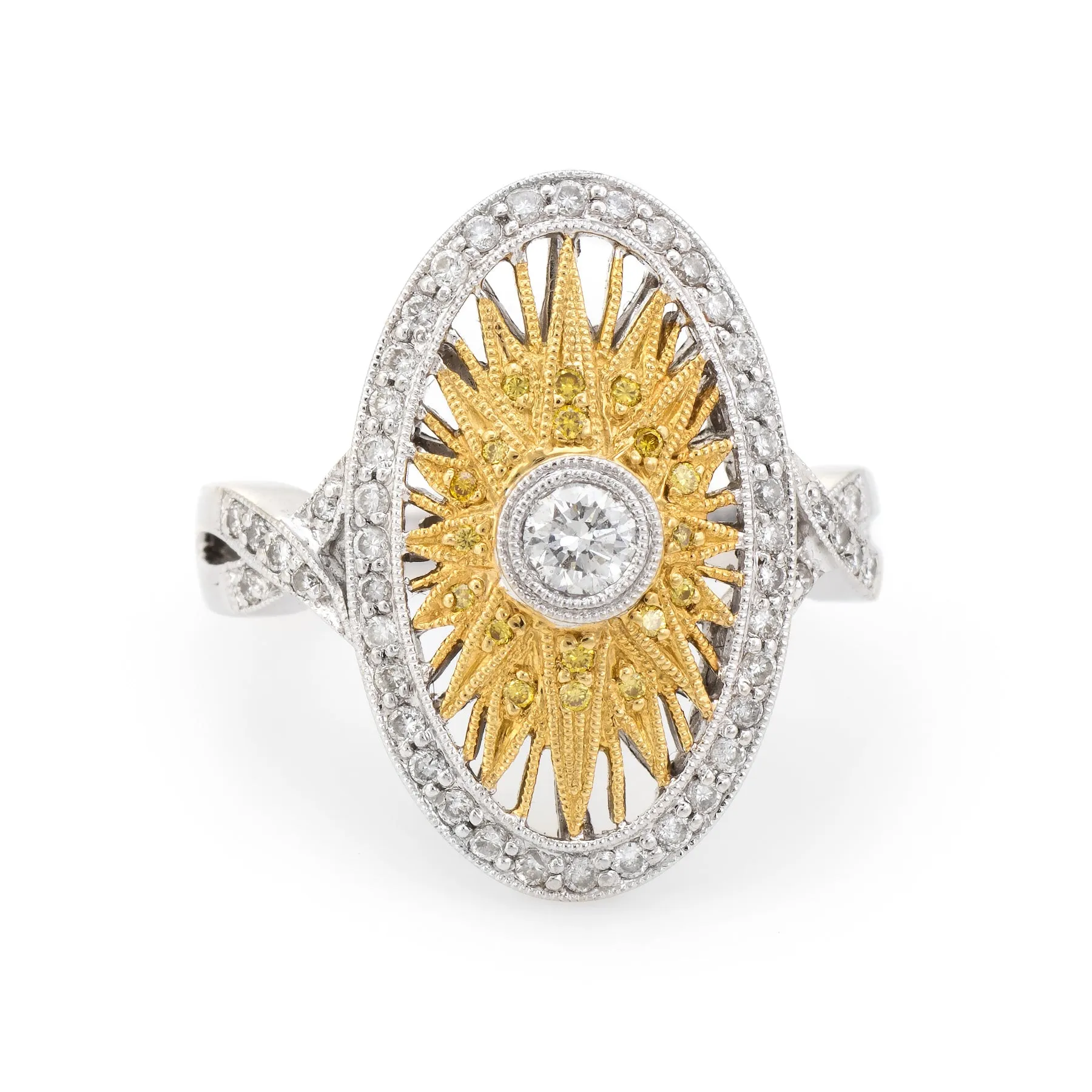 Yellow Diamond Sunburst Ring 18k White Gold Oval Fine Statement Estate Jewelry