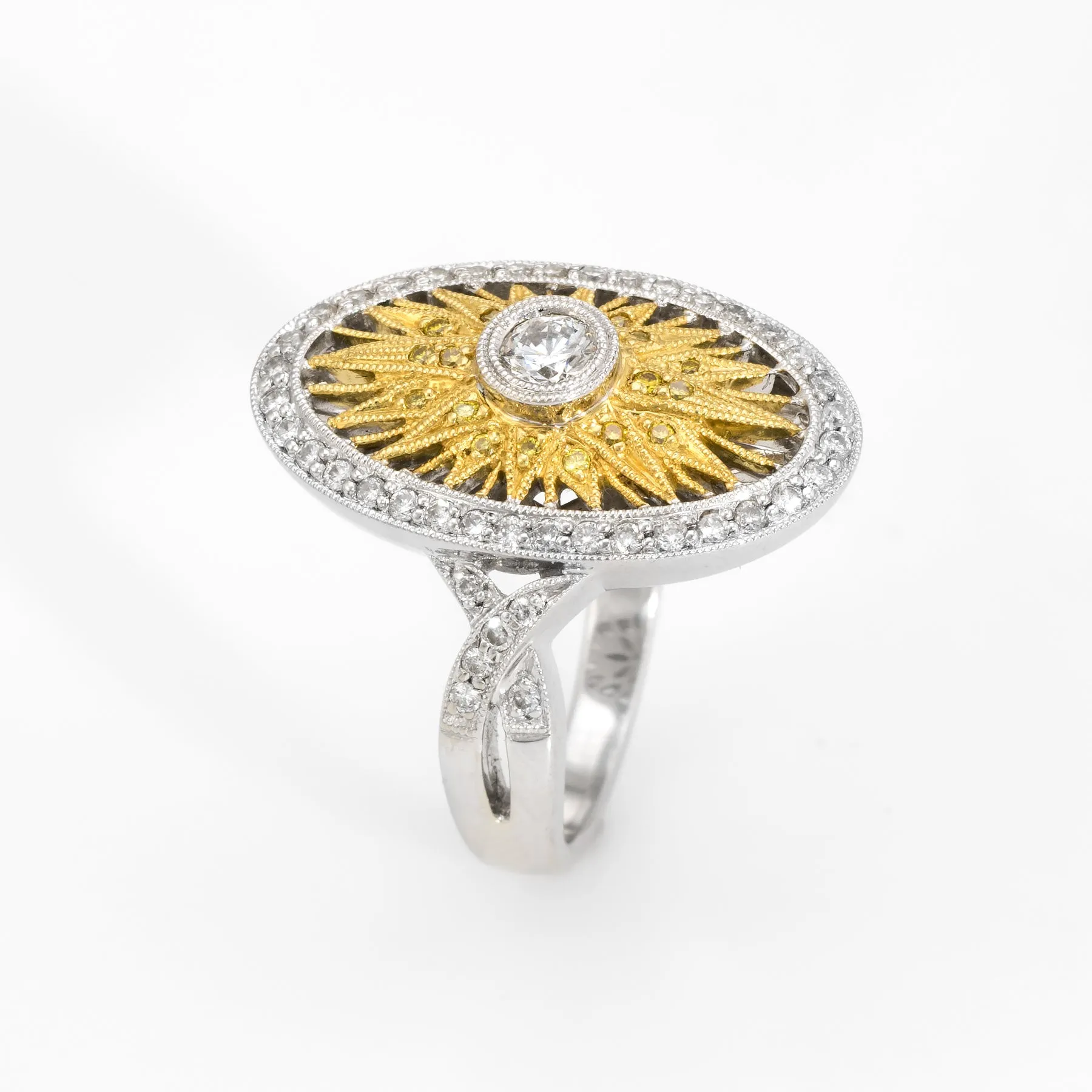 Yellow Diamond Sunburst Ring 18k White Gold Oval Fine Statement Estate Jewelry