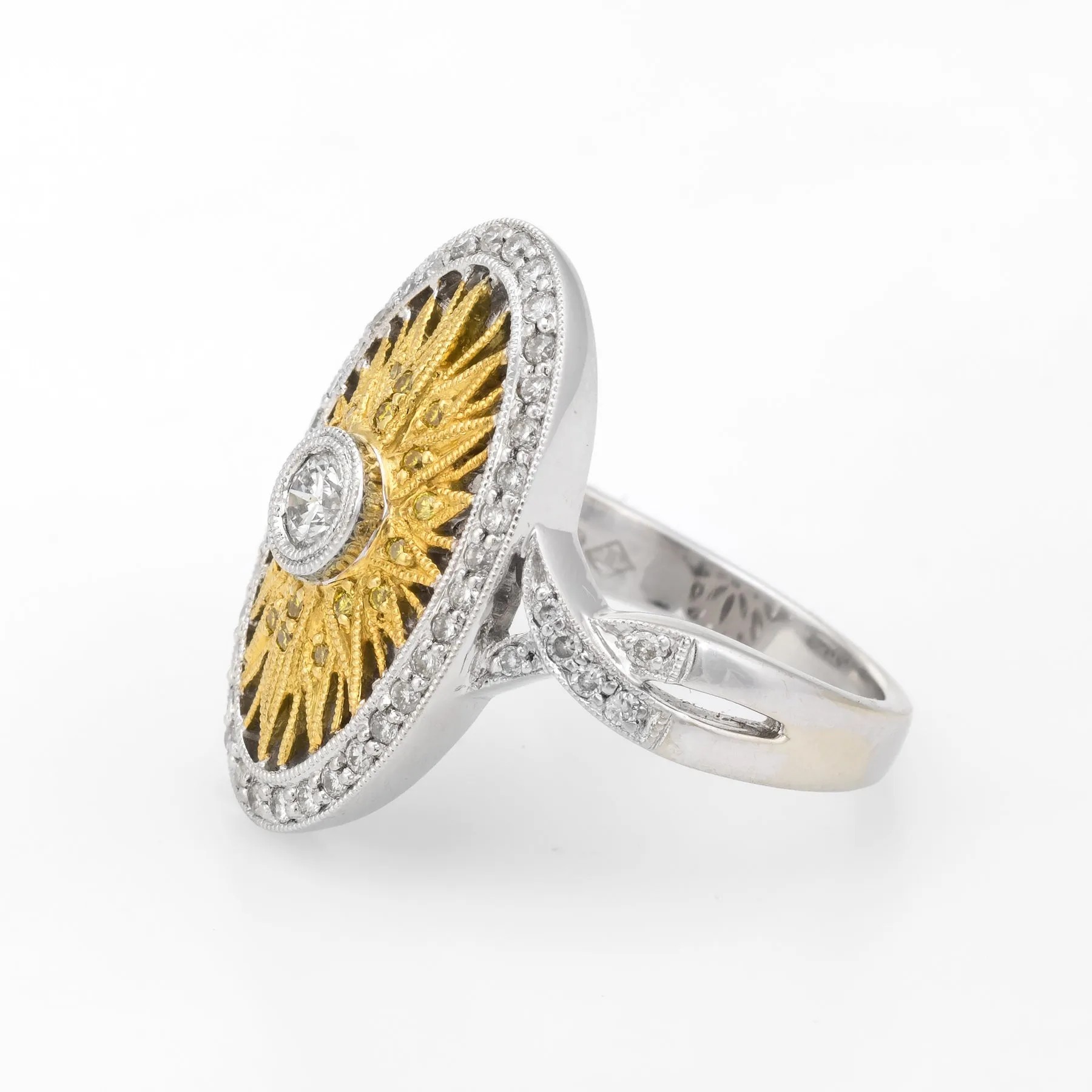 Yellow Diamond Sunburst Ring 18k White Gold Oval Fine Statement Estate Jewelry