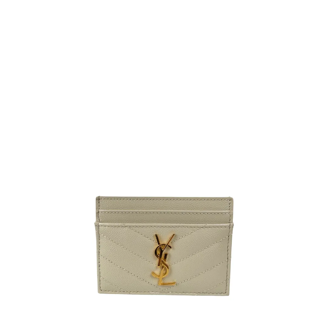 YSL Cassandre Grain de Poudre Leather Card Case - Vintage Blanc