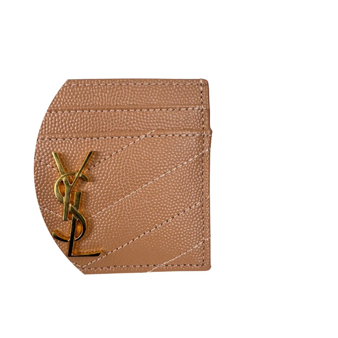 YSL Cassandre Grain de Poudre Leather Card Case - Warm Beige